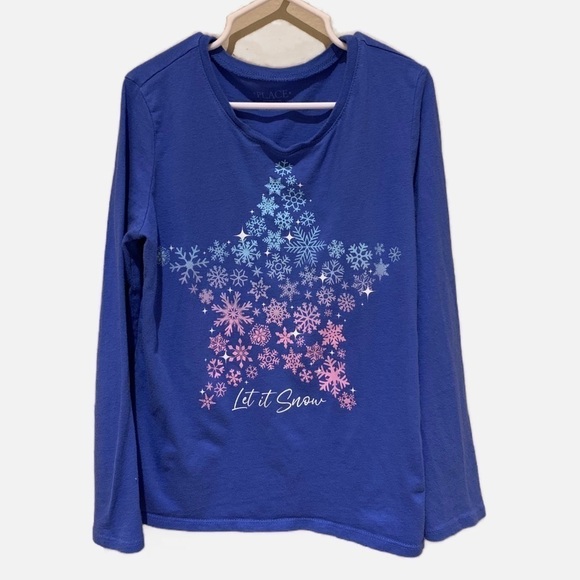 The Children’s Place Blue Long Sleeve "Let it Snow" Snowflakes Tee. Size 7/8 - Picture 1 of 4